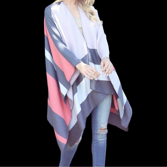 NEW Gray & Pink Multi Stripe Print Open Front Shawl / Kimono - Picture 1 of 6